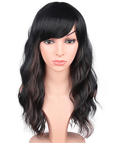 SYMEIW Black Wavy Wig With Brown Highlights For Women - Medium Long Synthetic Wig With Bangs For Daily Use (Black With Brown Highlights) - Image 1