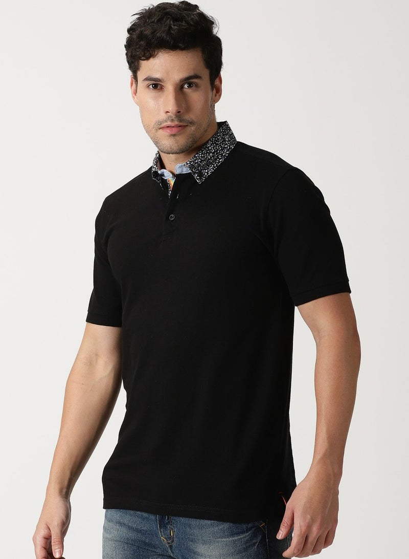 Cuts and Fit Woven Collar and Knitted Cotton T-Shirt (Black)  - Image 1