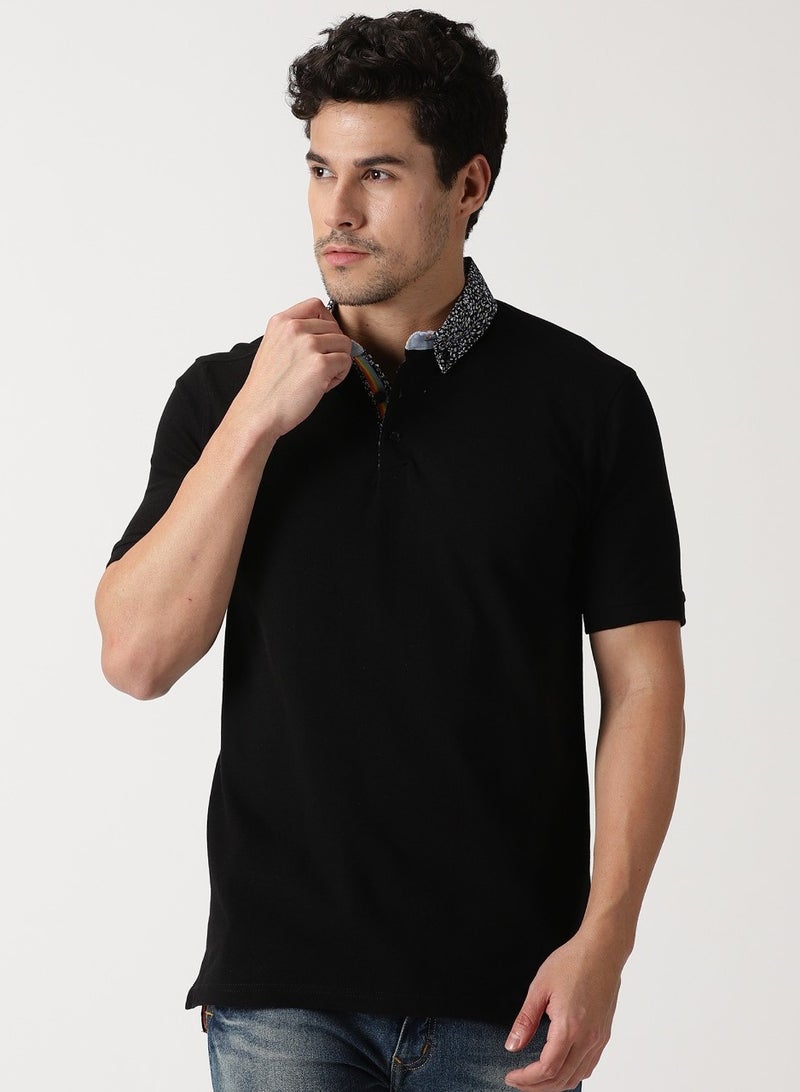 Cuts and Fit Woven Collar and Knitted Cotton T-Shirt (Black)  - Image 3