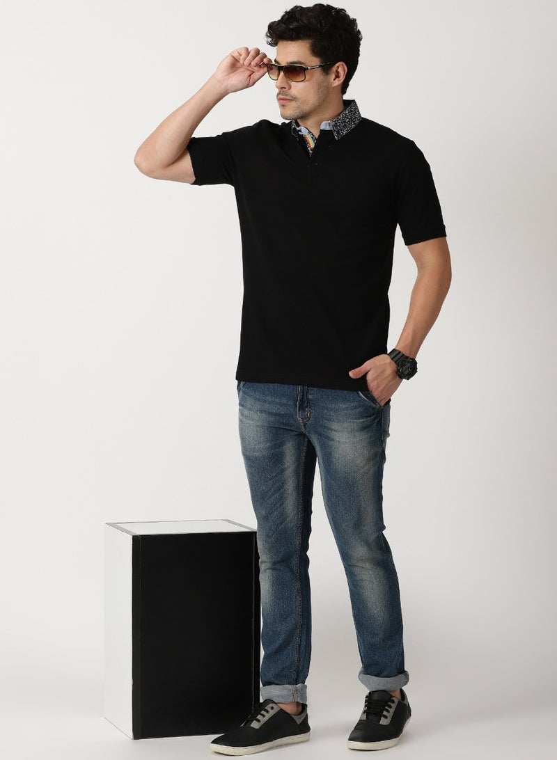 Cuts and Fit Woven Collar and Knitted Cotton T-Shirt (Black)  - Image 5