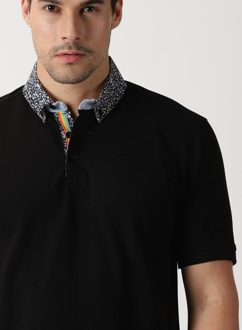 Cuts and Fit Woven Collar and Knitted Cotton T-Shirt (Black)  - Image 2