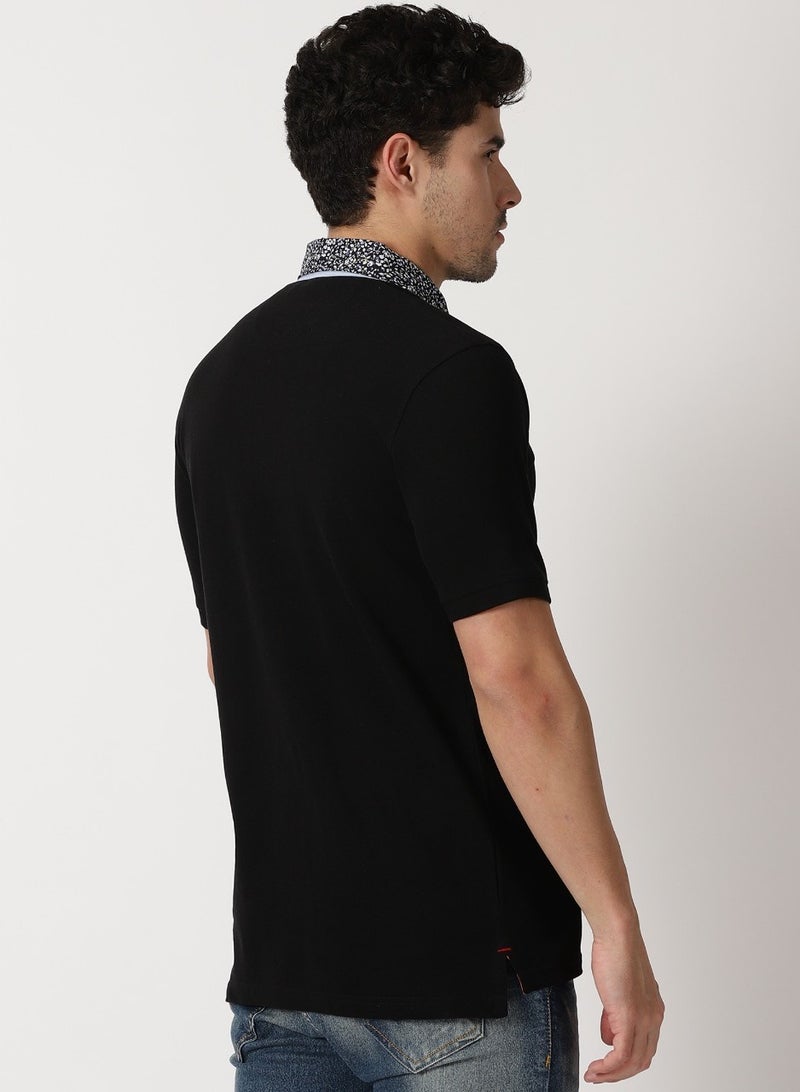 Cuts and Fit Woven Collar and Knitted Cotton T-Shirt (Black)  - Image 4