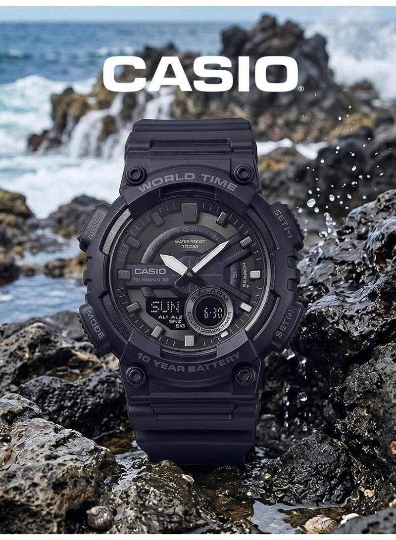 Casio Dual Display Wristwatch, World Time, Telememo 30, Stopwatch Countdown, 3 Alarms, Black Resin Casual Outdoor Watch AEQ-110W-1B - Image 2