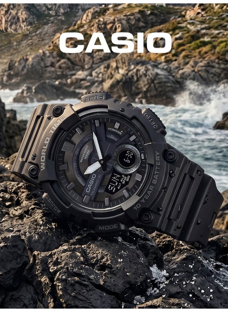 Casio Dual Display Wristwatch, World Time, Telememo 30, Stopwatch Countdown, 3 Alarms, Black Resin Casual Outdoor Watch AEQ-110W-1B - Image 1