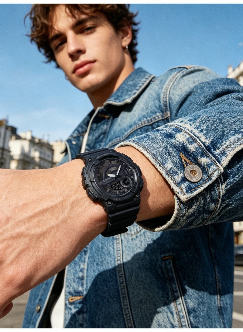 Casio Dual Display Wristwatch, World Time, Telememo 30, Stopwatch Countdown, 3 Alarms, Black Resin Casual Outdoor Watch AEQ-110W-1B - Image 3