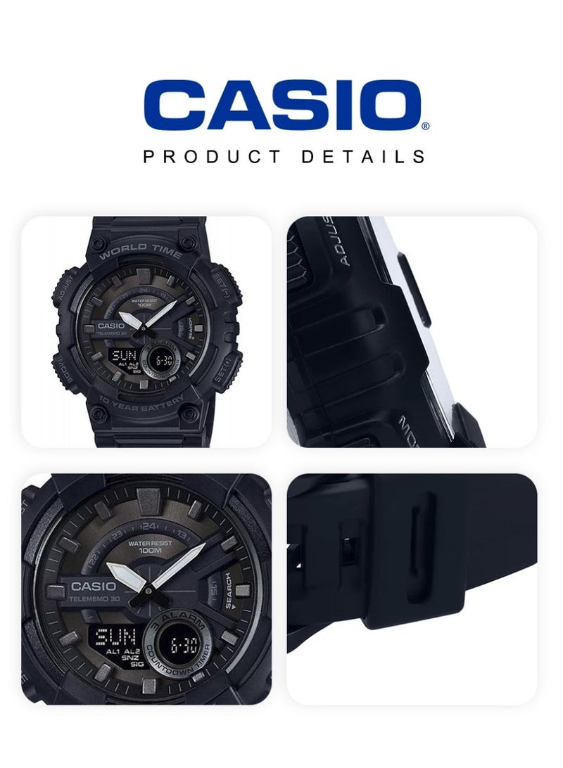 Casio Dual Display Wristwatch, World Time, Telememo 30, Stopwatch Countdown, 3 Alarms, Black Resin Casual Outdoor Watch AEQ-110W-1B - Image 5