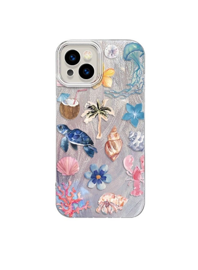 ShebSheb for iPhone 14 Case Beach and Undersea Theme Design,Trendy Cute Soft Slim Shockproof TPU Protective Phone Cases Cover for Women Girls Aesthetic Glitter - Image 1