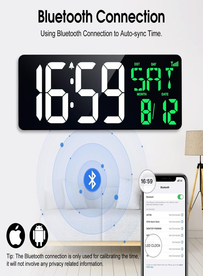 Xflyee 17" Large Digital Wall Clock with Bluetooth Sync, Remote Control, Alarm Big LED, Auto DST Temperature for Classroom Bedroom Garage Gym - Image 2