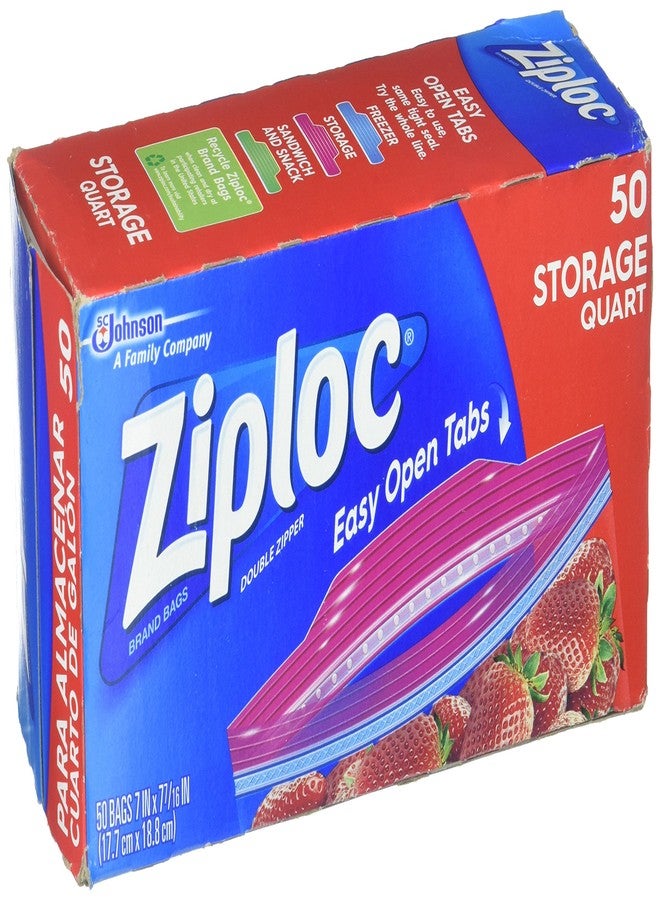 Ziploc Double Zipper Storage Bags, Plastic, 1qt, Clear, 50/Box, Sold as 1 Box