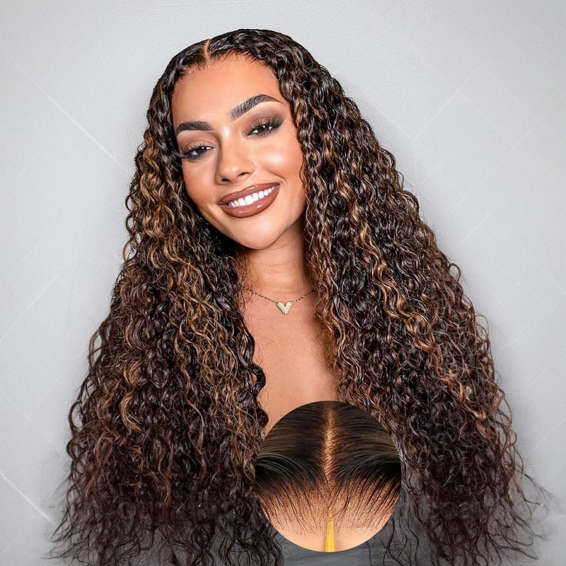 BLY Highlight Wear and Go Glueless Wig Water Wave Human Hair Wigs for Women 16 Inch 5x7 HD Lace Pre Cut Pre Plucked 2/30 Ombre Brown Colored Deep Wave Lace Front Wig 180% Density - Image 2
