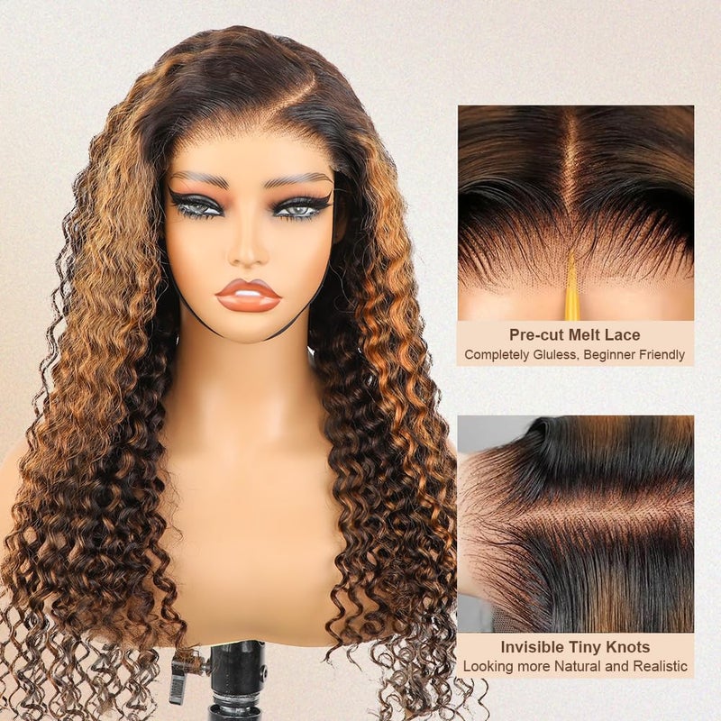 BLY Highlight Wear and Go Glueless Wig Water Wave Human Hair Wigs for Women 16 Inch 5x7 HD Lace Pre Cut Pre Plucked 2/30 Ombre Brown Colored Deep Wave Lace Front Wig 180% Density - Image 4