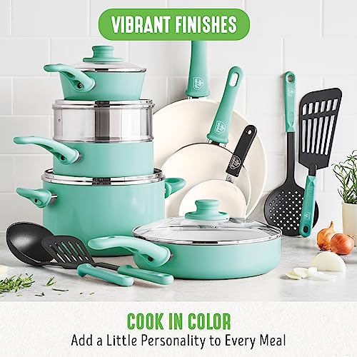 GreenLife Soft Grip Healthy Ceramic Nonstick, 15 Piece Cookware Pots and Pans Set, Induction, PFAS-Free, Dishwasher Safe, Turquoise - Image 2