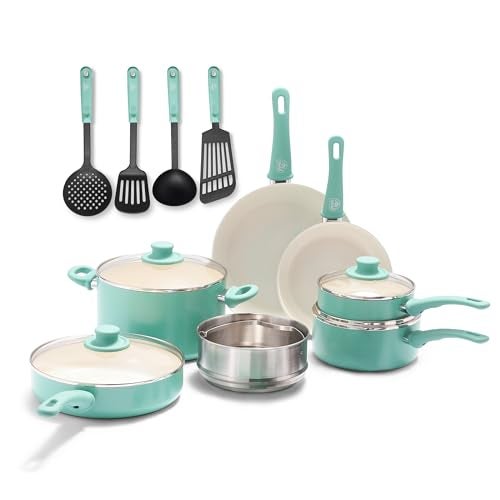 GreenLife Soft Grip Healthy Ceramic Nonstick, 15 Piece Cookware Pots and Pans Set, Induction, PFAS-Free, Dishwasher Safe, Turquoise - Image 1