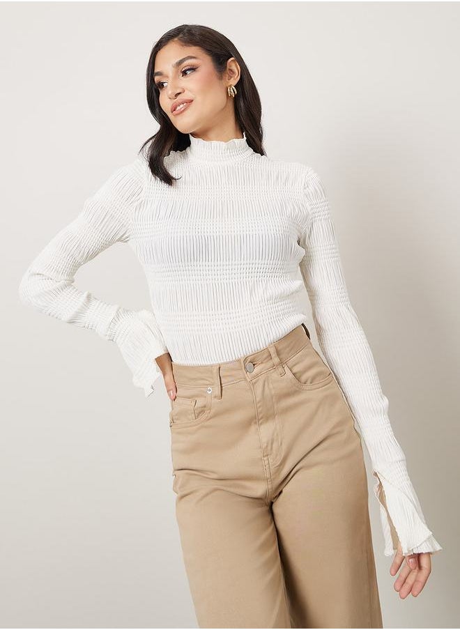 Styli Textured High Neck Fitted Knit Top with Flute Sleeve  - Image 3