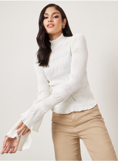 Textured High Neck Fitted Knit Top with Flute Sleeve