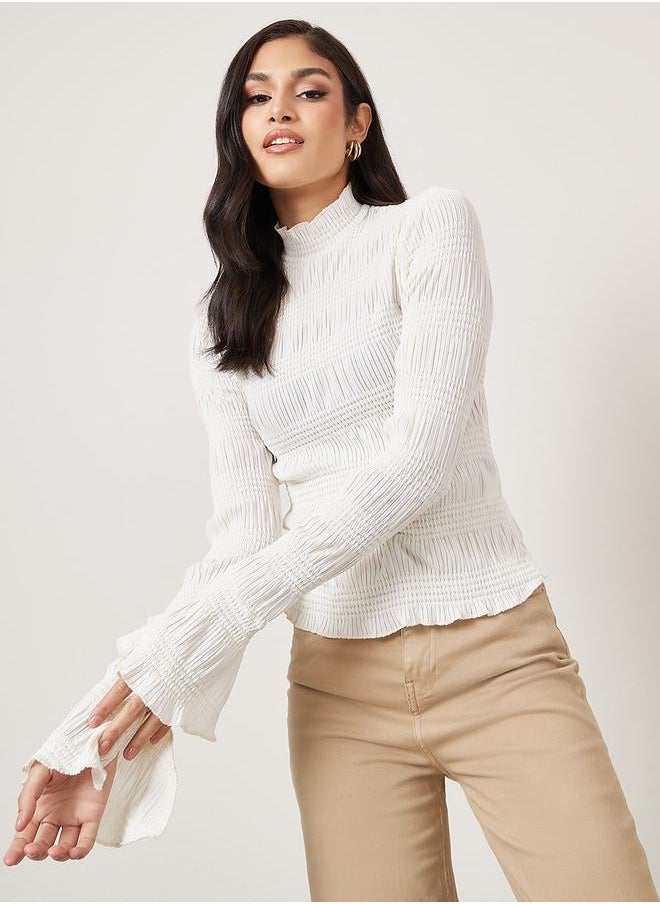 Styli Textured High Neck Fitted Knit Top with Flute Sleeve  - Image 1