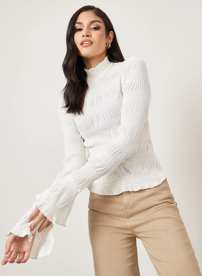 Styli Textured High Neck Fitted Knit Top with Flute Sleeve