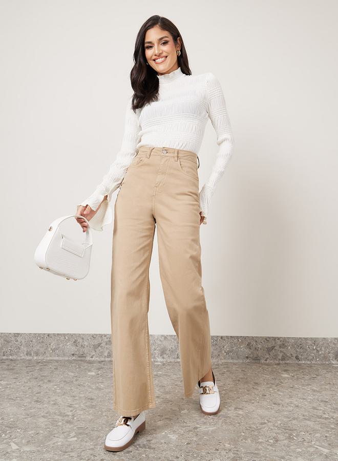 Styli Textured High Neck Fitted Knit Top with Flute Sleeve - Image 2