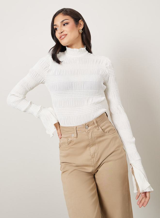 Styli Textured High Neck Fitted Knit Top with Flute Sleeve - Image 3