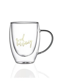 1Chase Double Wall Good Morning Printed Glass Mug With Handle Clear 350ml 2Pcs Set  - Image 2