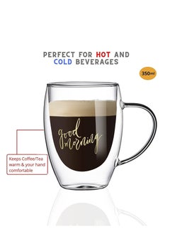 1Chase Double Wall Good Morning Printed Glass Mug With Handle Clear 350ml 2Pcs Set  - Image 3