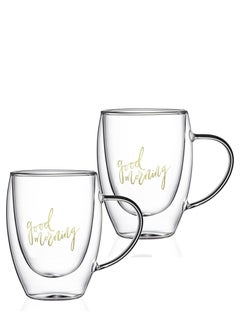 1Chase Double Wall Good Morning Printed Glass Mug With Handle Clear 350ml 2Pcs Set  - Image 5