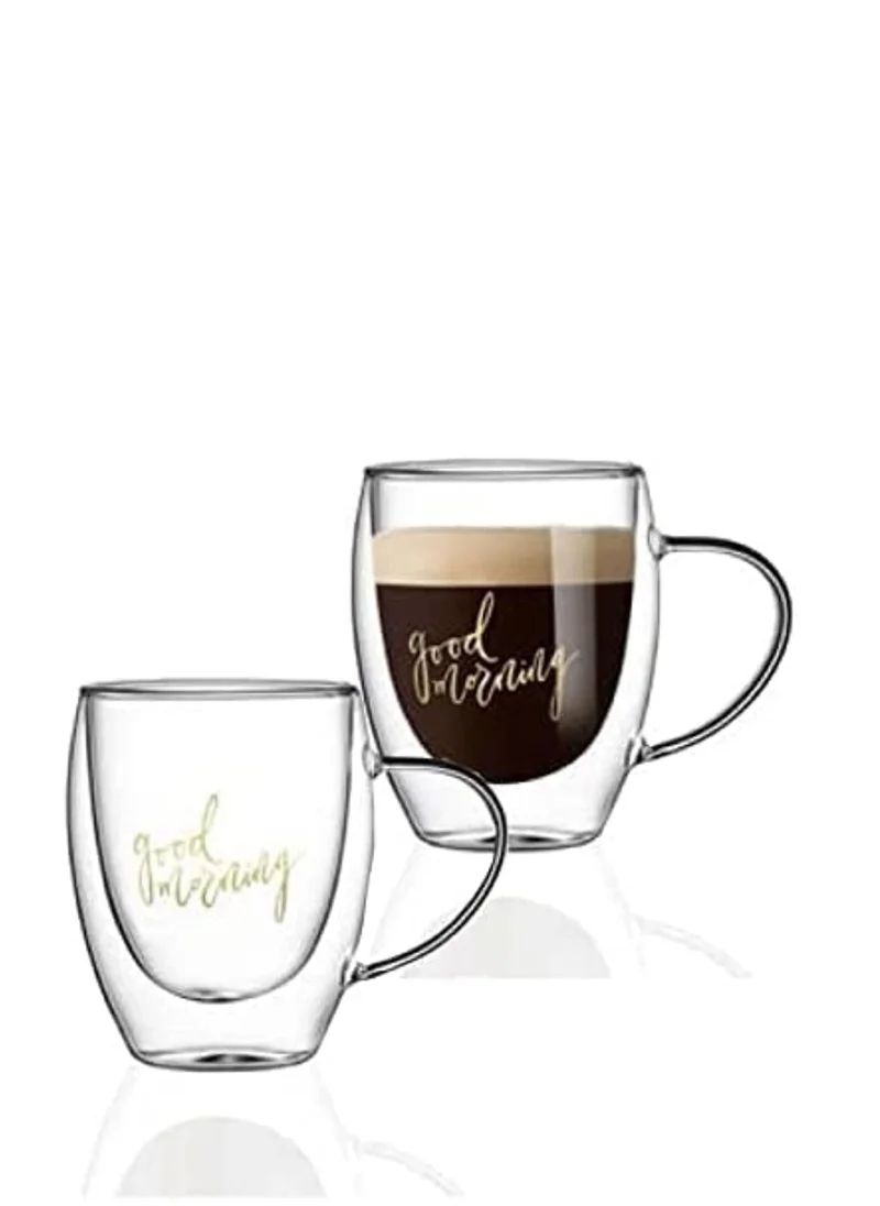 1Chase Double Wall Good Morning Printed Glass Mug With Handle Clear 350ml 2Pcs Set