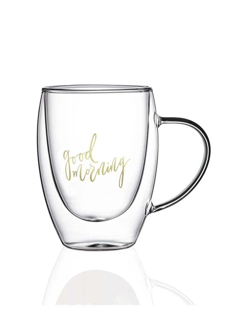 1Chase Double Wall Good Morning Printed Glass Mug With Handle Clear 350ml 2Pcs Set