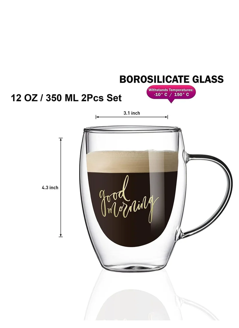 1Chase Double Wall Good Morning Printed Glass Mug With Handle Clear 350ml 2Pcs Set