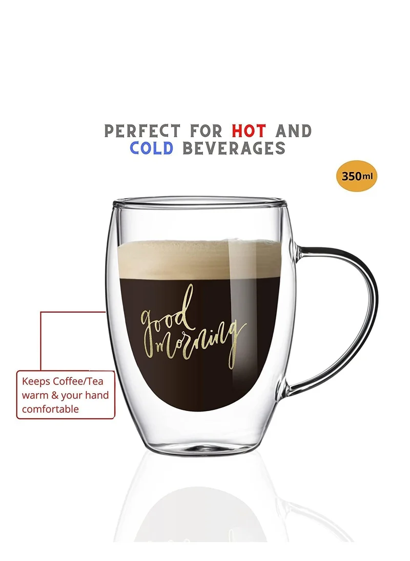 1Chase Double Wall Good Morning Printed Glass Mug With Handle Clear 350ml 2Pcs Set