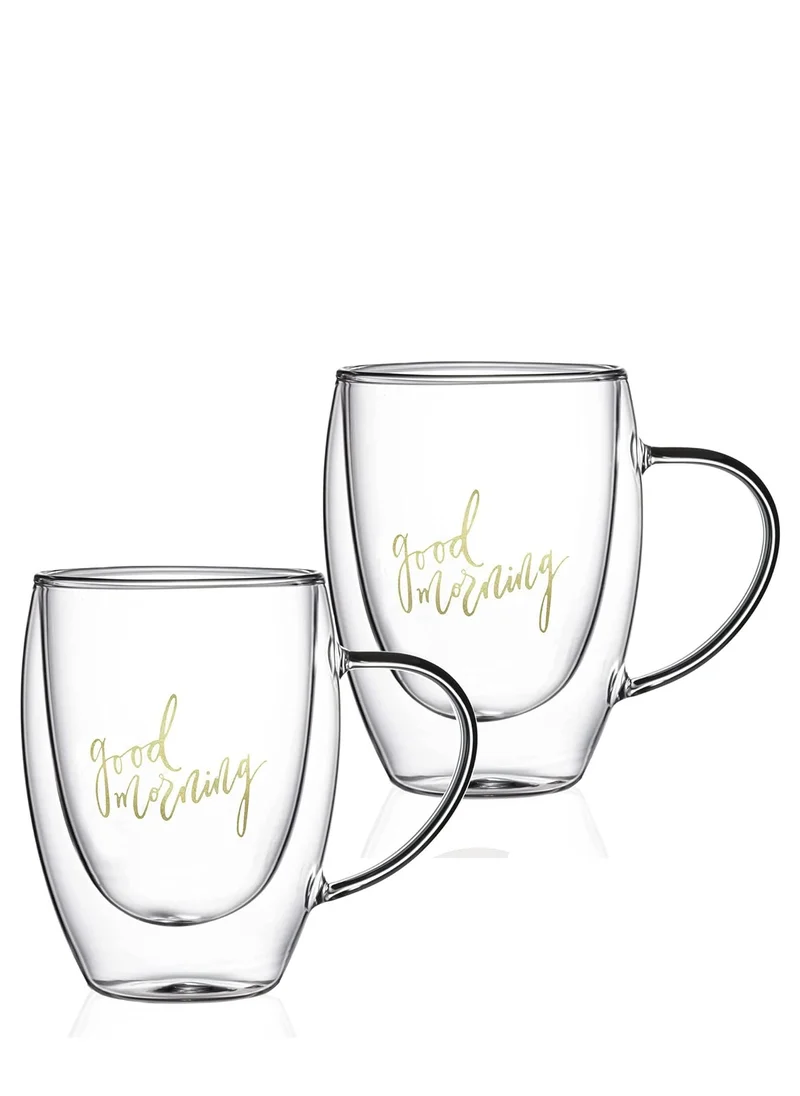 1Chase Double Wall Good Morning Printed Glass Mug With Handle Clear 350ml 2Pcs Set