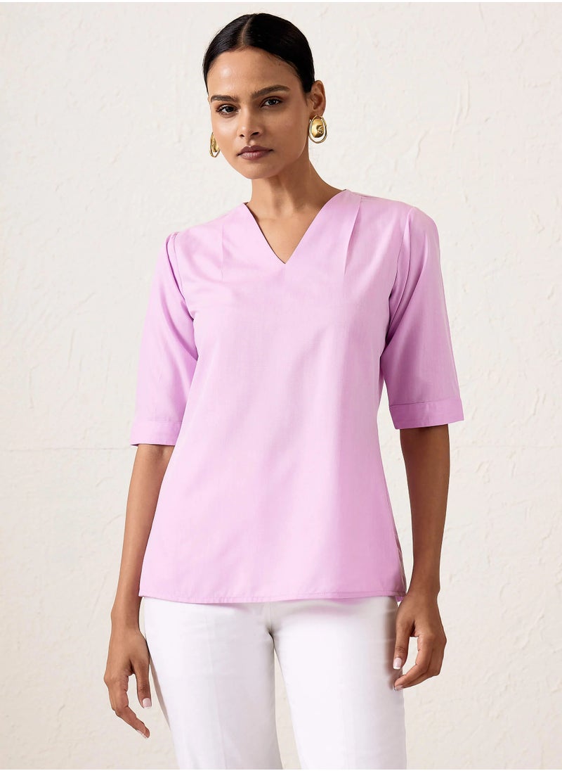 Salt Attire - Women's Lilac Straight Fit Top | V-Neck with Pleat Detail & Elbow-Length Sleeves | Versatile Lightweight Cotton Blend for Elegant Styling - Image 1
