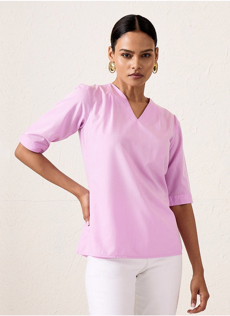 Salt Attire - Women's Lilac Straight Fit Top | V-Neck with Pleat Detail & Elbow-Length Sleeves | Versatile Lightweight Cotton Blend for Elegant Styling - Image 1
