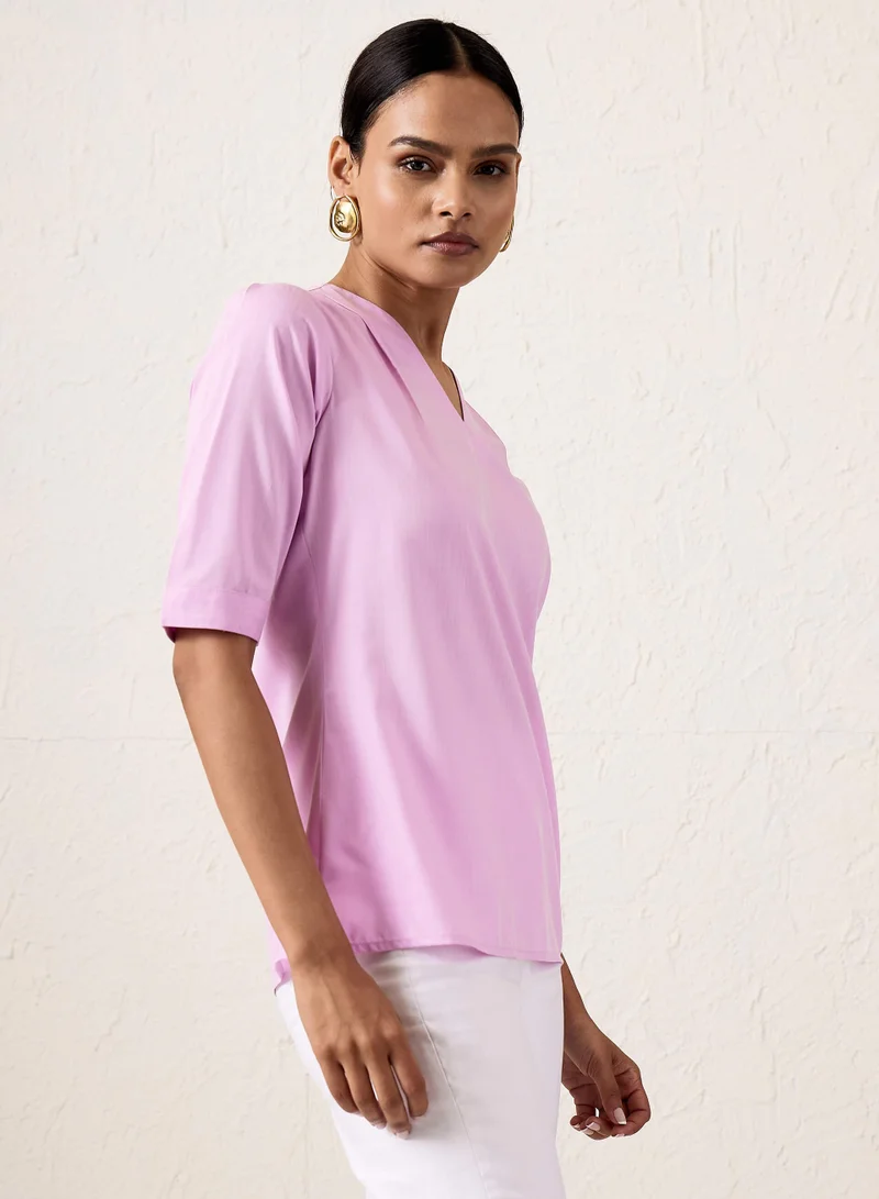 Salt Attire Women's Lilac Straight Fit Top | V-Neck with Pleat Detail & Elbow-Length Sleeves | Versatile Lightweight Cotton Blend for Elegant Styling