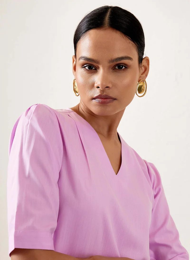 Salt Attire Women's Lilac Straight Fit Top | V-Neck with Pleat Detail & Elbow-Length Sleeves | Versatile Lightweight Cotton Blend for Elegant Styling