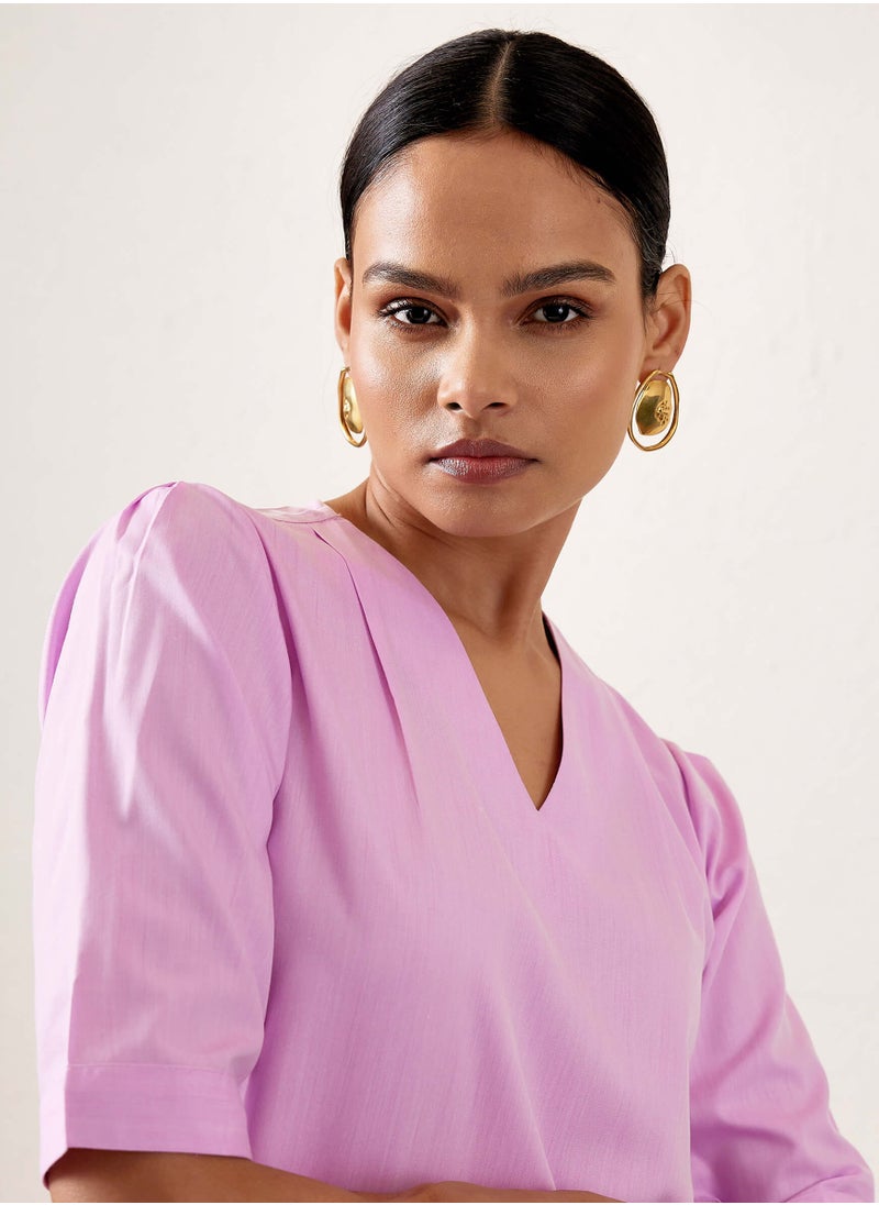 Salt Attire - Women's Lilac Straight Fit Top | V-Neck with Pleat Detail & Elbow-Length Sleeves | Versatile Lightweight Cotton Blend for Elegant Styling - Image 1