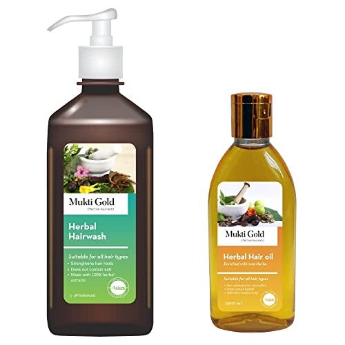 Axiom Mukti Gold Hair Care Combo | Herbal Hairwash 400Ml (Dispenser) + Hair Oil (200Ml) | Who-Glp,Gmp Certified Product | Enriched With Aloevera & Amla Herbs - Image 1