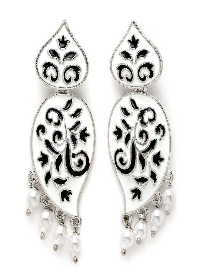 Karatcart Silver Tone White and Black Meena Drop Earrings for Women - Image 1