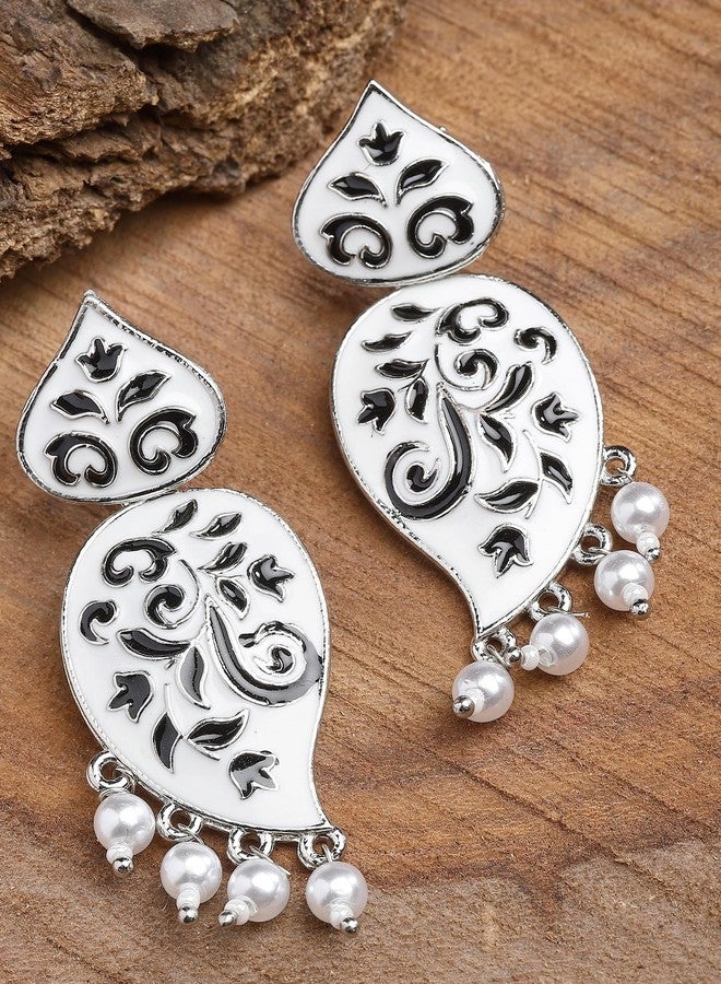 Karatcart Silver Tone White and Black Meena Drop Earrings for Women - Image 4