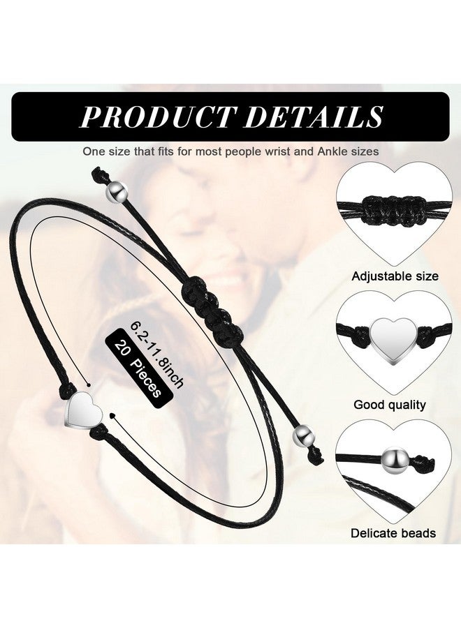 Sureio 20 قطعة سوار مطابقة لطيف للأزواج مصنوع يدويًا من حبل الشمع مجوهرات مطابقة للأزواج سوار حبل أسود قابل للتعديل للنساء أساور صداقة مضفرة على شكل قلب للرجال - Image 2