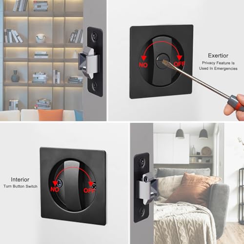 Dontay Pocket Door Privacy Lock Flush Handles 238 Backset BedBath Latch Recessed Knob Hardware for 1 38 to 2 316 Thickness Door Including Edge Pull Matte Black Square 1 Pack - Image 3