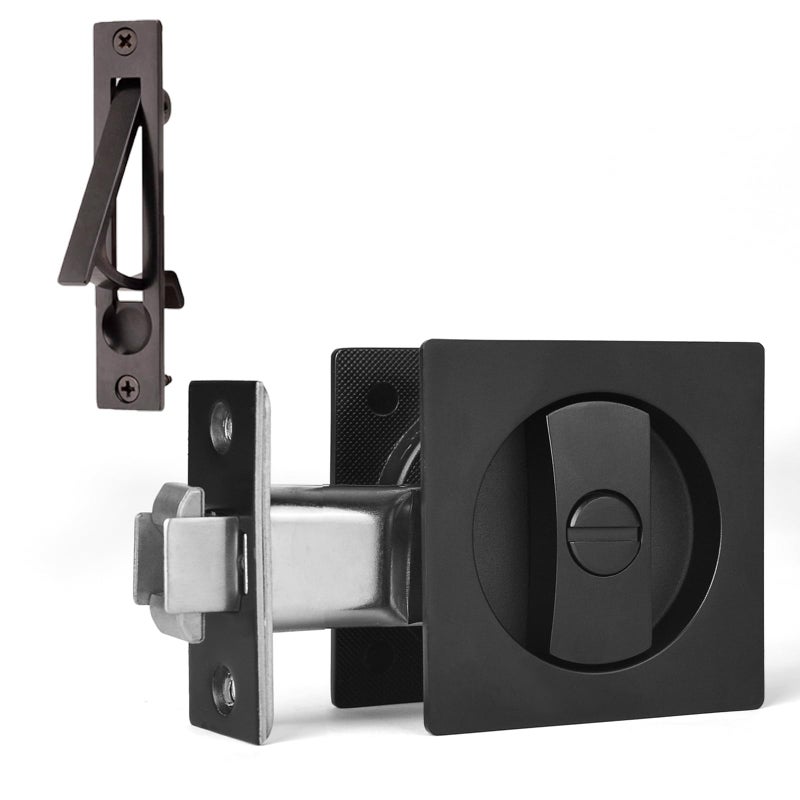 Dontay Pocket Door Privacy Lock Flush Handles 238 Backset BedBath Latch Recessed Knob Hardware for 1 38 to 2 316 Thickness Door Including Edge Pull Matte Black Square 1 Pack - Image 2