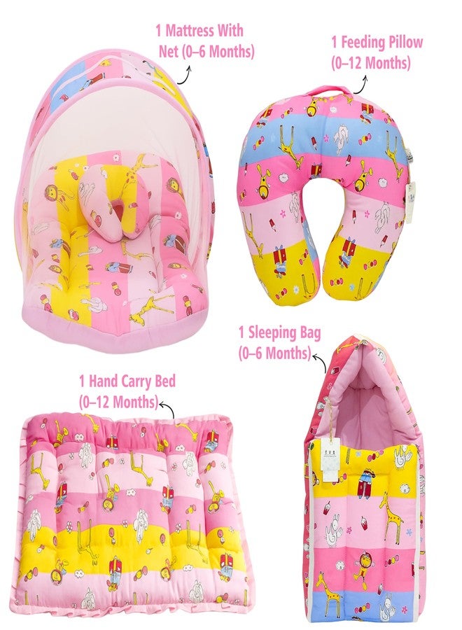 Infantbond by fareto Baby Bedding Set Essentials Combo | Baby Bed | Carry Bag | Sleeping Bag | Hand Carry Bed | Feeding Pillow (0-6 Months)(All in 1) (Pink Giffi) - Image 3