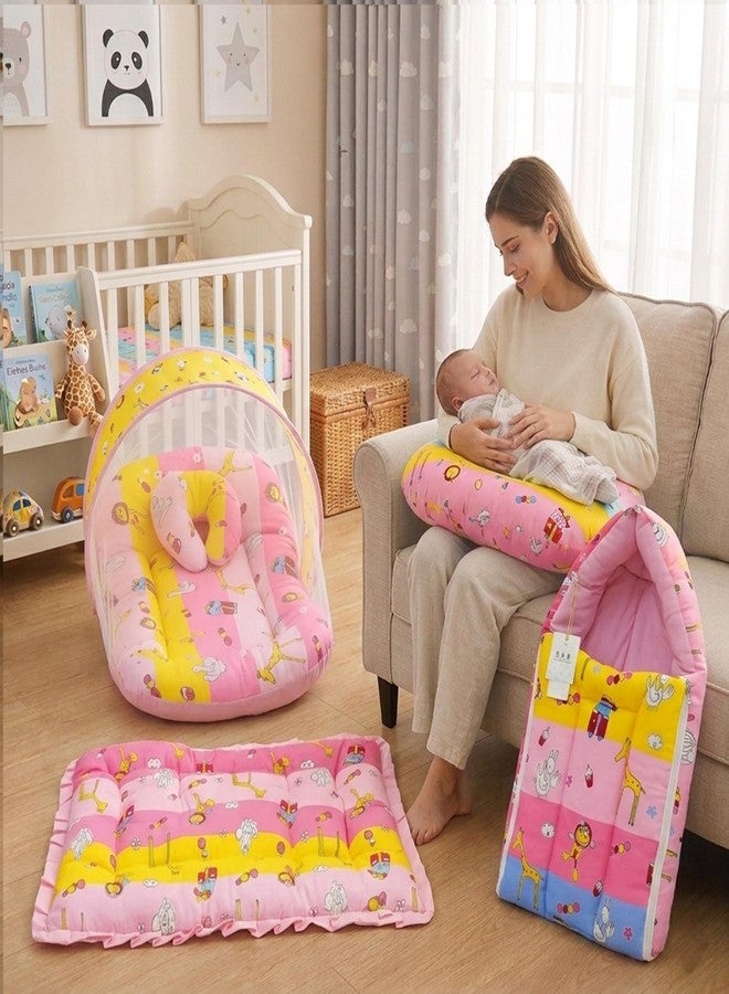 Infantbond by fareto Baby Bedding Set Essentials Combo | Baby Bed | Carry Bag | Sleeping Bag | Hand Carry Bed | Feeding Pillow (0-6 Months)(All in 1) (Pink Giffi) - Image 1
