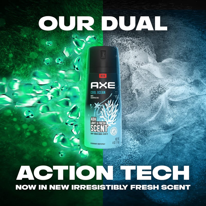 AXE Dual Action Body Spray Deodorant for Long Lasting Odor Protection Cool Ocean All Day Fresh Scent Mens Deodorant Formulated Without Aluminum, 4 Oz (Pack of 4) - Image 4