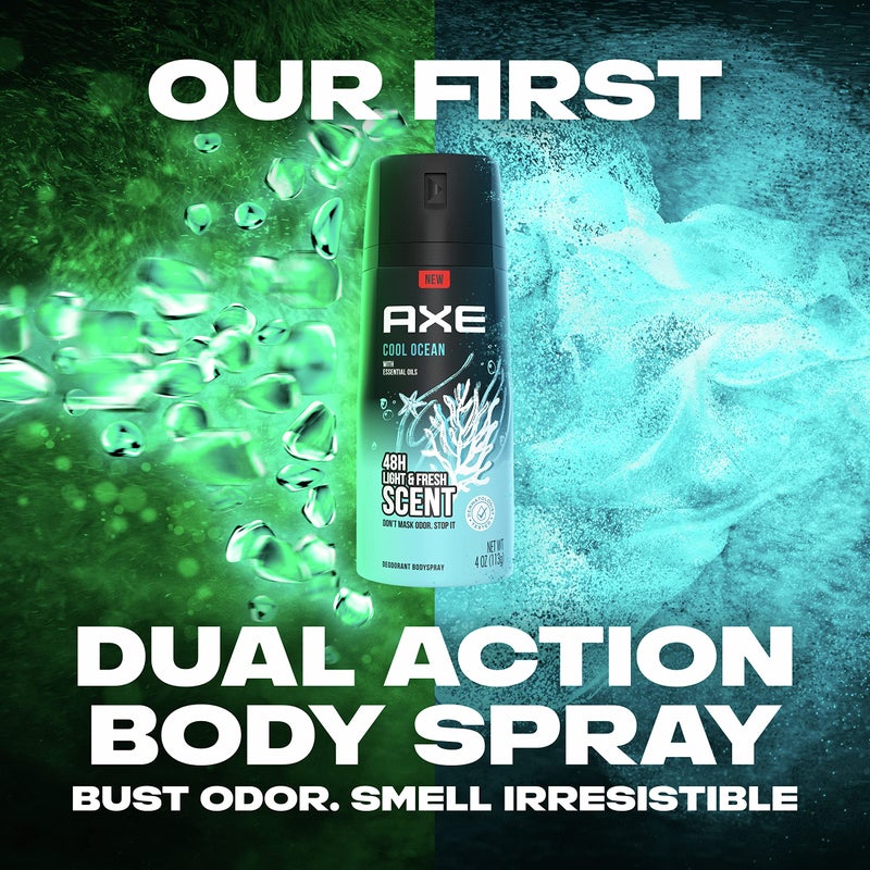 AXE Dual Action Body Spray Deodorant for Long Lasting Odor Protection Cool Ocean All Day Fresh Scent Mens Deodorant Formulated Without Aluminum, 4 Oz (Pack of 4) - Image 3