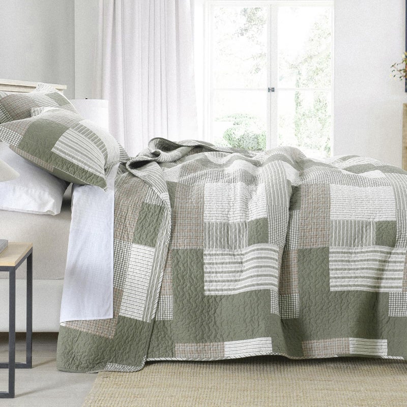 SahSahCasa Quilt King Size, King Quilt Set, 100% Cotton King Quilt Bedding Set Bedspreads, Farmhouse Patchwork Quilt, Plaid Reversible Lightweight Rustic Bedspread, Green/Brown, 3Pcs - Image 3