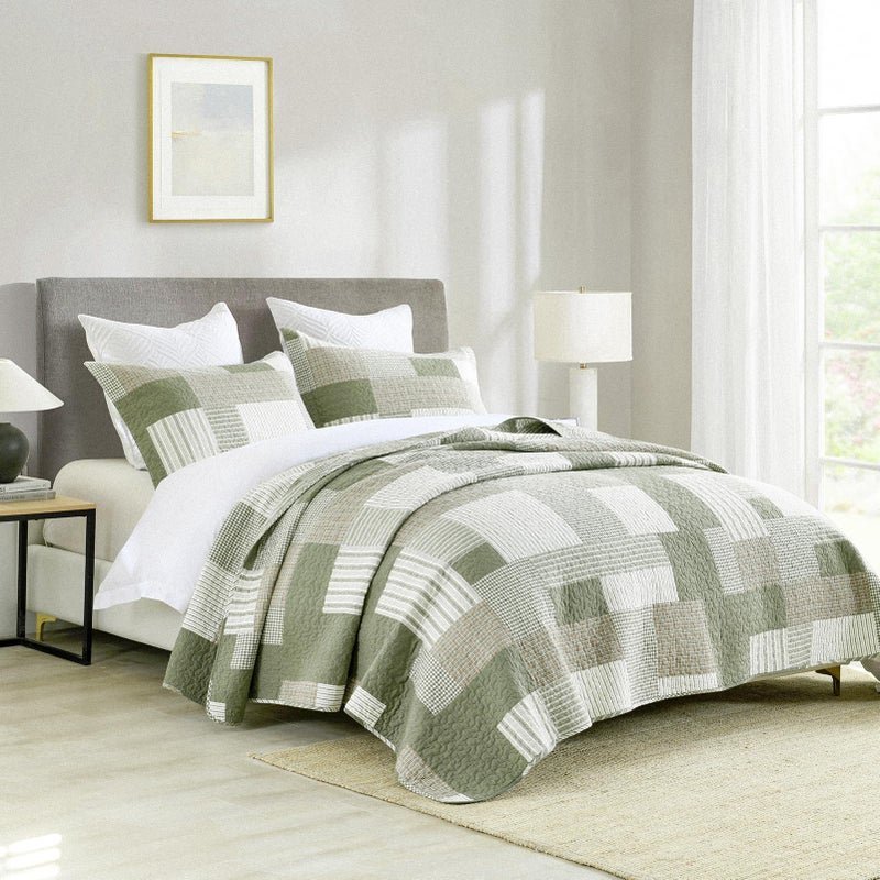 SahSahCasa Quilt King Size, King Quilt Set, 100% Cotton King Quilt Bedding Set Bedspreads, Farmhouse Patchwork Quilt, Plaid Reversible Lightweight Rustic Bedspread, Green/Brown, 3Pcs - Image 2