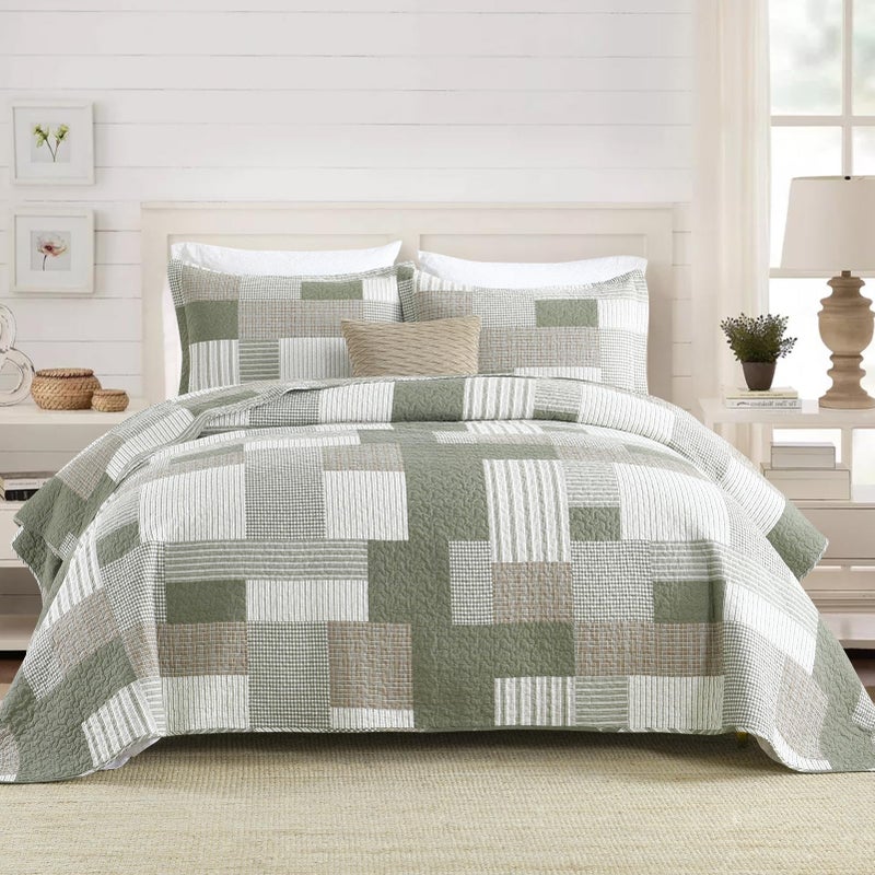 SahSahCasa Quilt King Size, King Quilt Set, 100% Cotton King Quilt Bedding Set Bedspreads, Farmhouse Patchwork Quilt, Plaid Reversible Lightweight Rustic Bedspread, Green/Brown, 3Pcs - Image 1