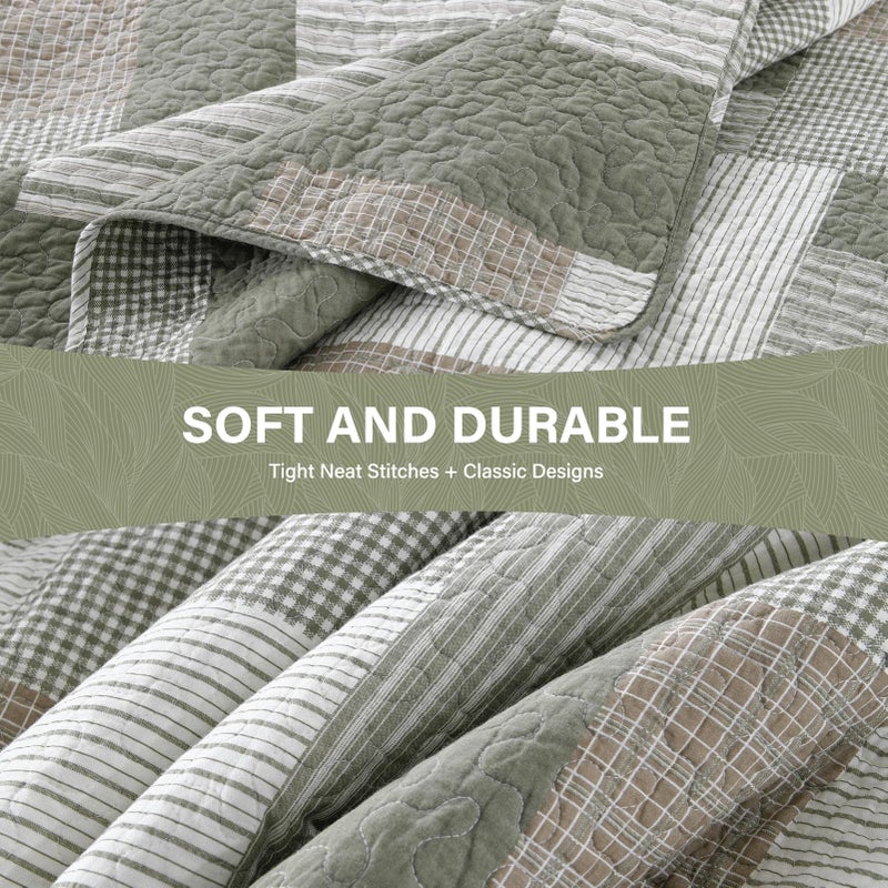 SahSahCasa Quilt King Size, King Quilt Set, 100% Cotton King Quilt Bedding Set Bedspreads, Farmhouse Patchwork Quilt, Plaid Reversible Lightweight Rustic Bedspread, Green/Brown, 3Pcs - Image 5